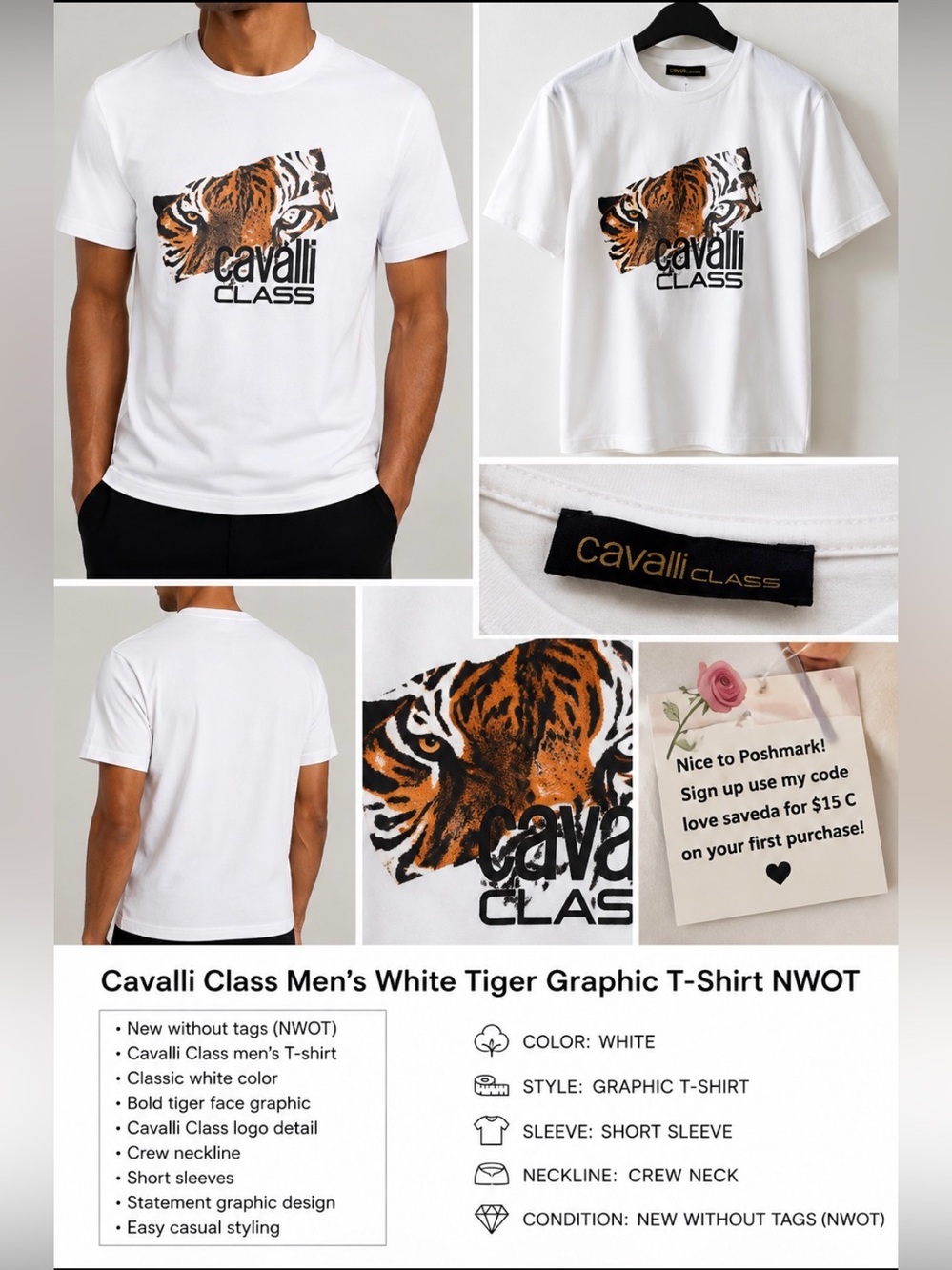 Cavalli Class Menβs White Tiger Graphic T-Shirt NWOT